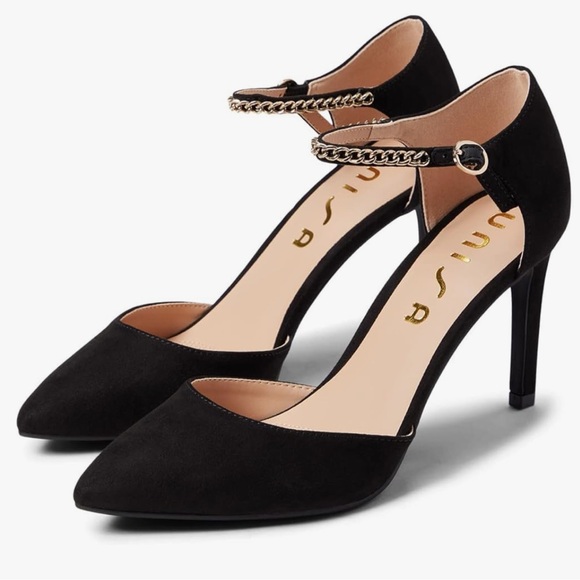 Unisa Yadira black suede chain ankle strap pointed toe 3.5” stiletto heels 8.5 - Picture 1 of 11